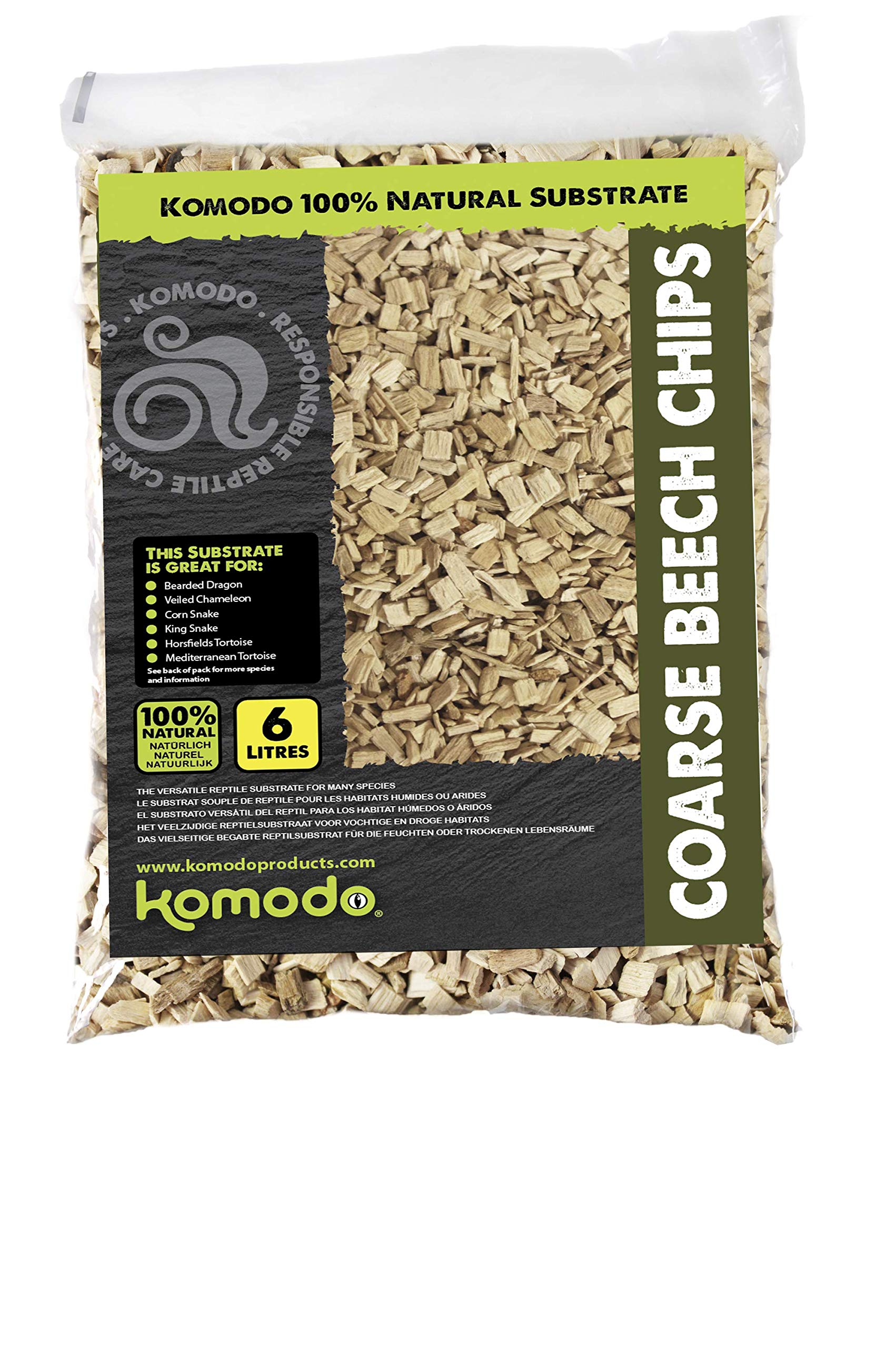 Komodo Coarse Beech Chips Substrate for Reptile Cage Vivarium Habitat Premium Natural Non Toxic Durable Long Lasting Moisture Control Bedding - 6L