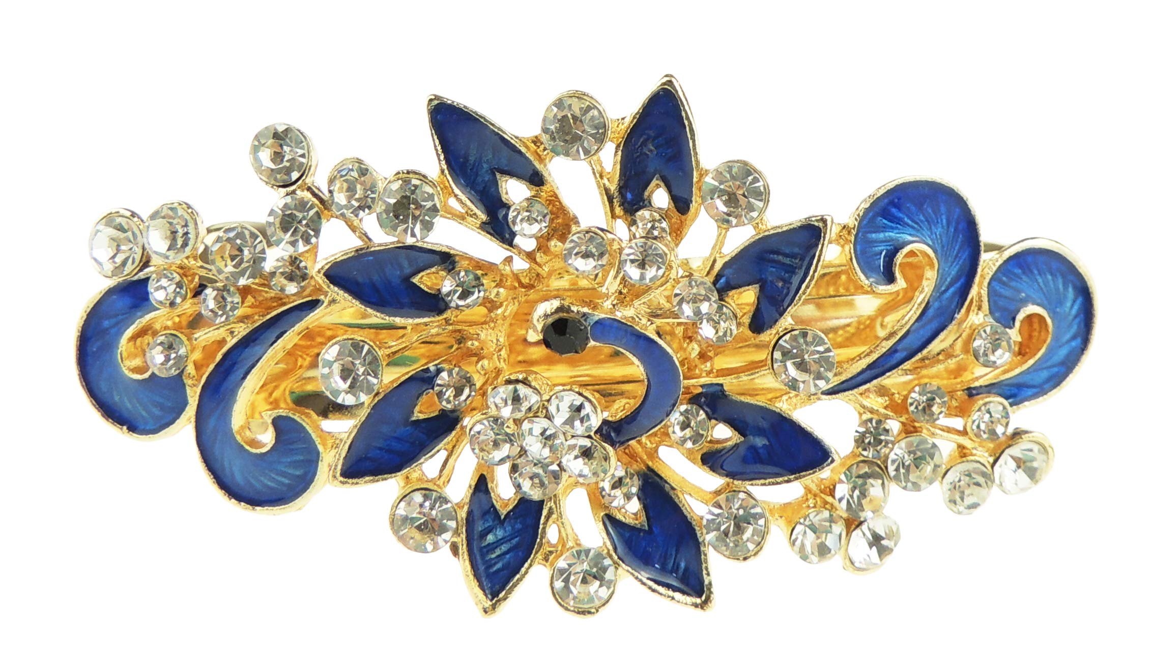 Womens Girls Crystal Rhinestone Diamante Wedding Birthday Party Evening Ponytail Fine Medium Hair Accessories Occasion Barrette Hairpin Grip French Spring Clip Metal Enamel Peacock Waves (Pointy Blue)