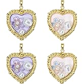 COGCHARGER 4Pcs Flower Heart Charms for Jewelry Making Brass Acrylic Pearl Enamel Charms Vintage Oil Painting Purple Pink Floral Pendants for Bracelet Earring Necklace