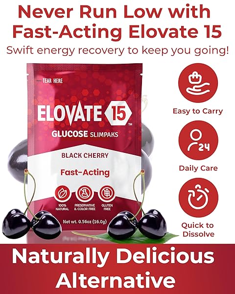 FAST ACTING GLUCOSE POWDER PACKETS, BLACK CHERRY – INSTANT DISSOLVE, NO WATER NEEDED | 15G PURE DEXTROSE | WATERPROOF SLIMPAKS | MADE IN USA | GLUTEN-FREE (PACK OF 6)