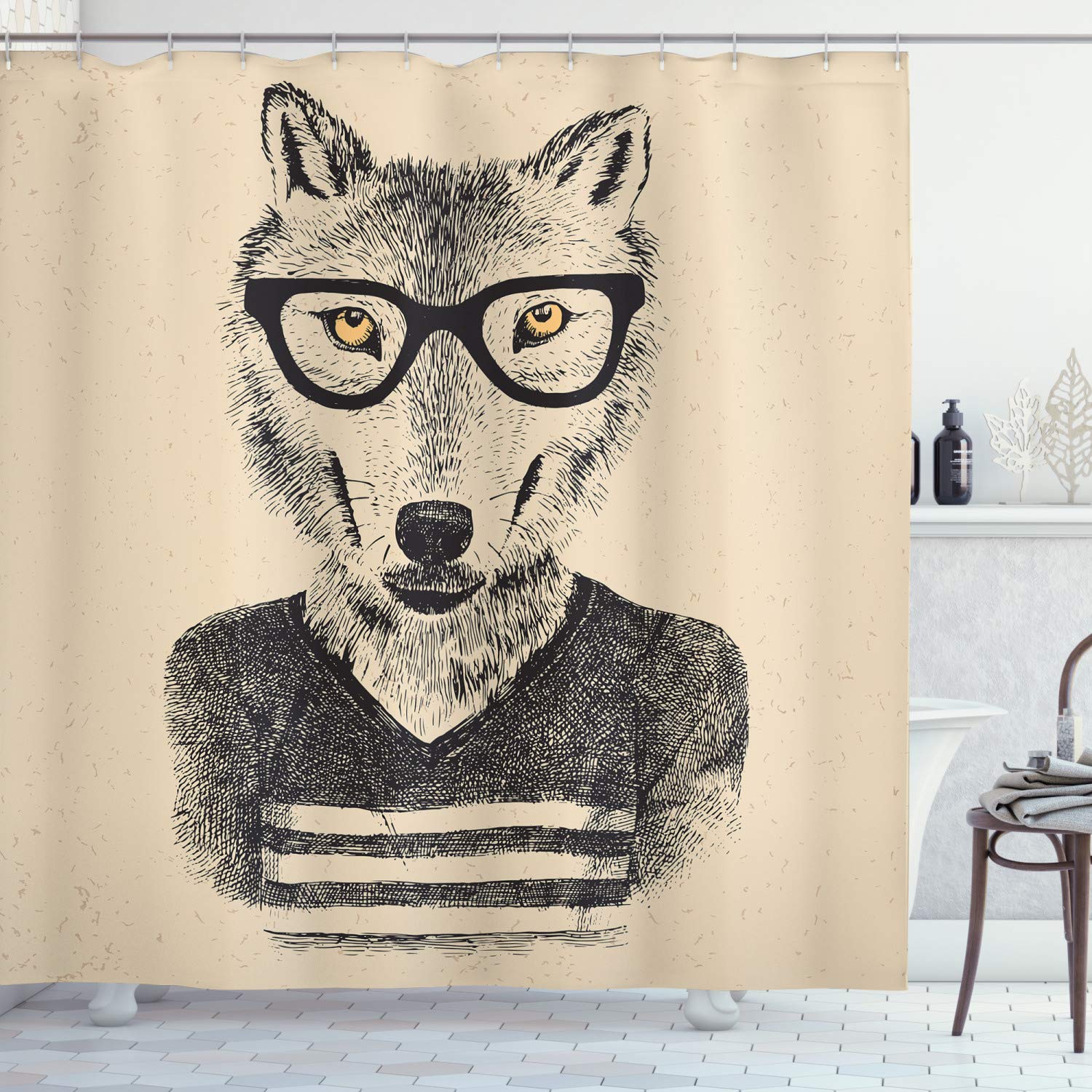 ABAKUHAUS Hipster Shower Curtain, Hand Drawn Design Portrait of Happy Wolf in Stripped T Shirt and Glasses, Cloth Fabric Bathroom Decor Set with Hooks, 175 x 240 cm, Beige Coke Grey