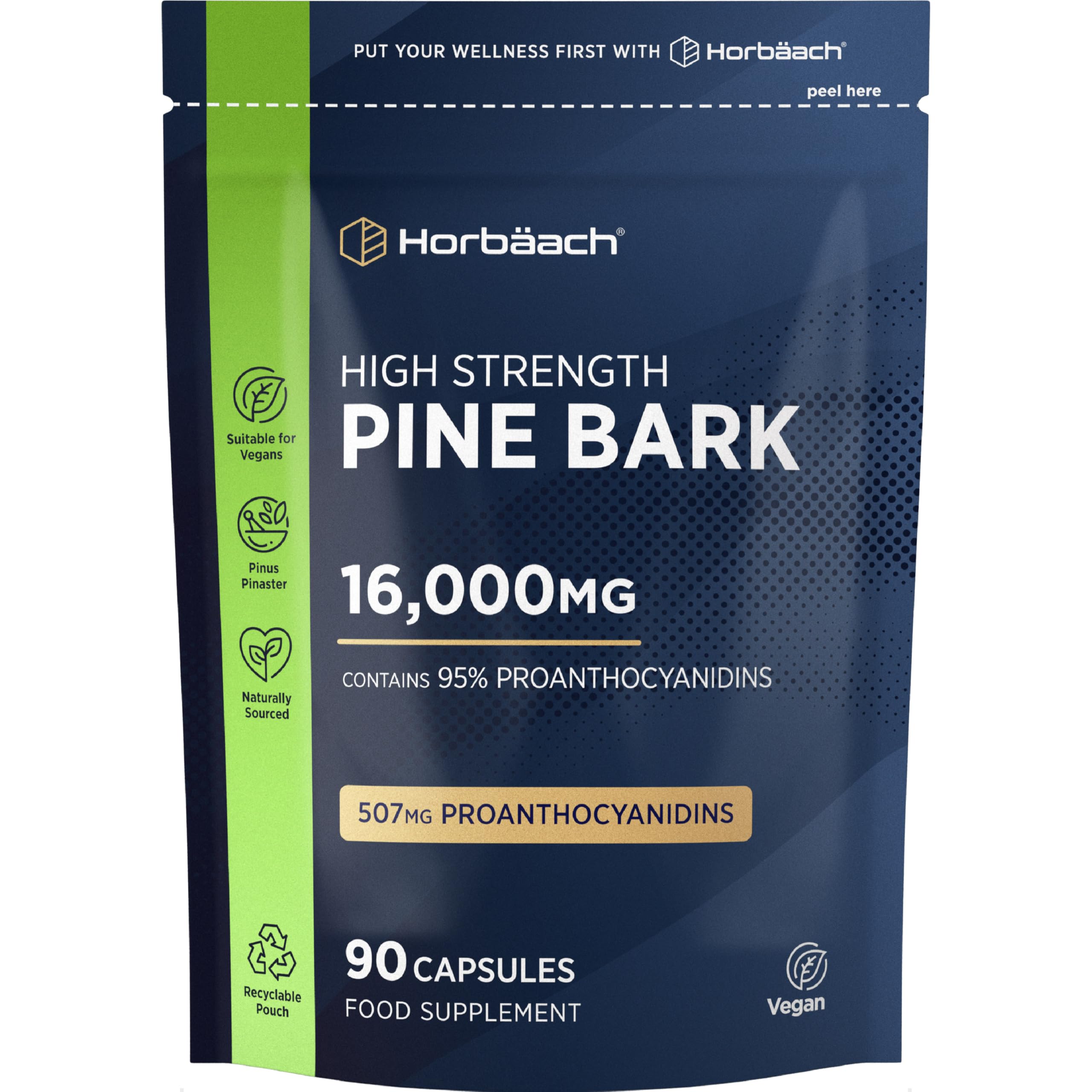 Pine Bark Extract Capsules 16000mg | Providing 507mg Proanthocyanidins (95%) | 90 Count | High Strength 30:1 Pine Bark Extract Supplement | by Horbaach