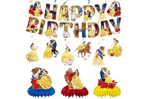 VDESFUEBY Princess Belle Birthday Party Decorations Beauty Beast Happy Birthday Banner, Hanging Swirls and Honeycomb Centerpieces for Princess Birthday Baby Shower Party Decorations