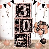 Eiurteao 3pcs 30th Birthday Decorations Boxes for Women, Rose Gold Happy 30 Birthday Balloons Boxes Party Supplies, Thirty Bday Theme Cardboard Box Decor