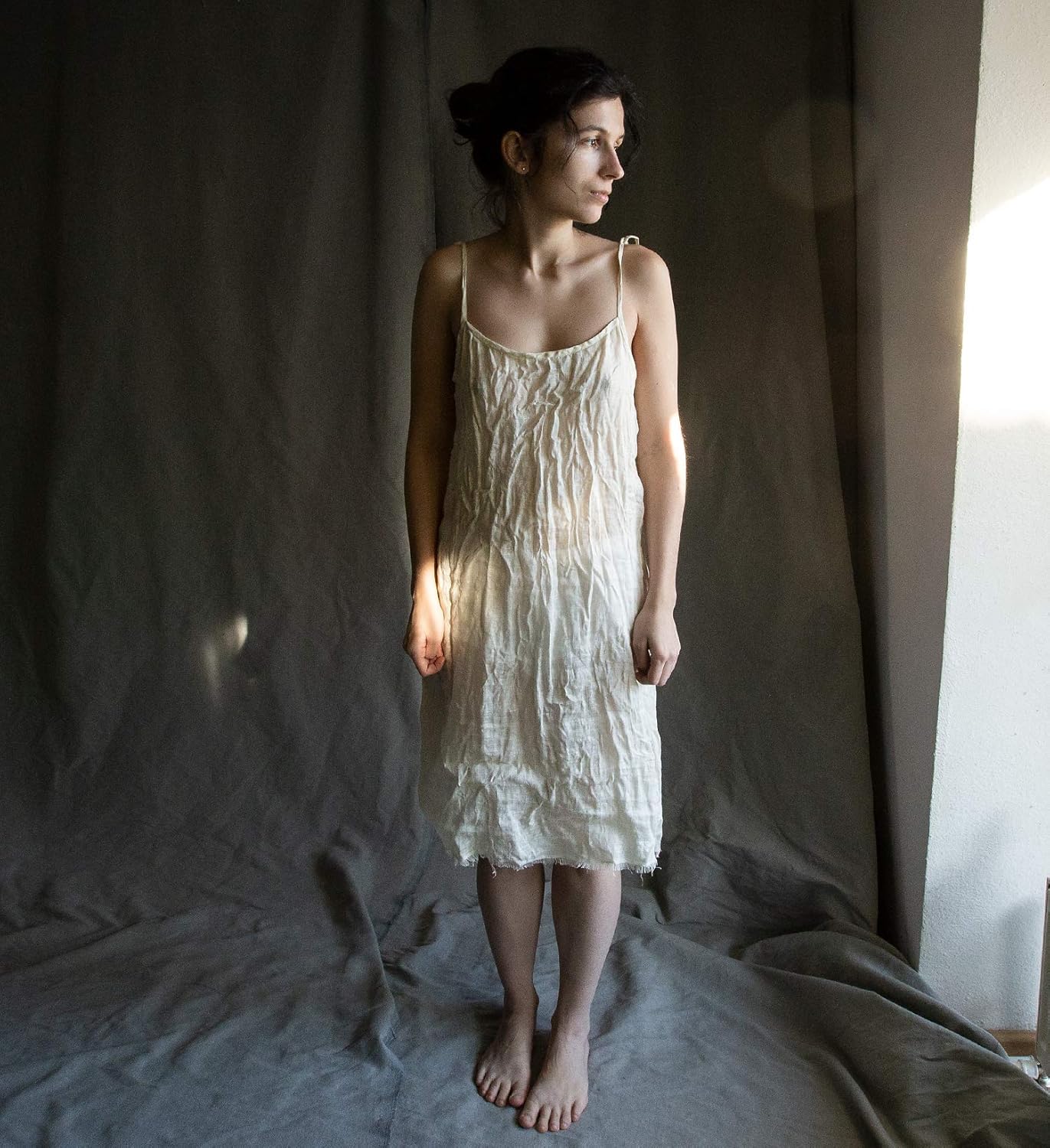 white linen slip dress