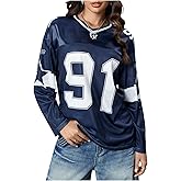 SHENHE Women's Graphic Football Jersey Number V Neck Long Sleeve Oversized T Shirt Streetwear Top