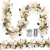 Zubebe 2 Pcs Prelit Poinsettia Christmas Garland with String Lights Glitter Holly Leaves Berries Remote Timer 8 Modes 6.5 ft Lighted Flower Garland Battery Operated Indoor Outdoor Decor (Champagne)