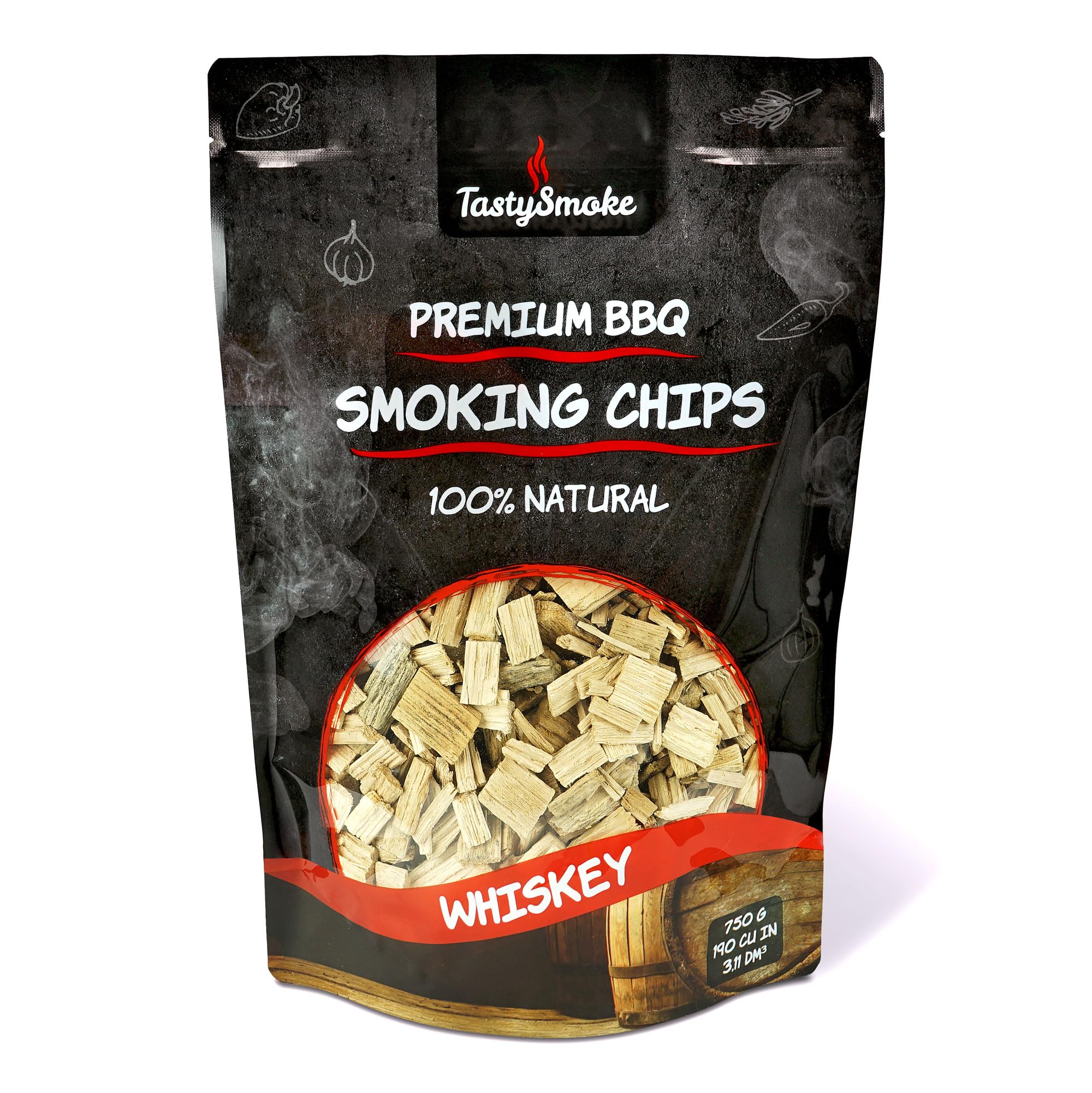 TastySmoke® High Quality Whiskey Smoking Chips - 100% Oak Wood for Intense Whiskey Smoke Flavour, Ideal for BBQ, Smoker, Grill - 750g Smoking Wood for Meat, Fish, Vegetables