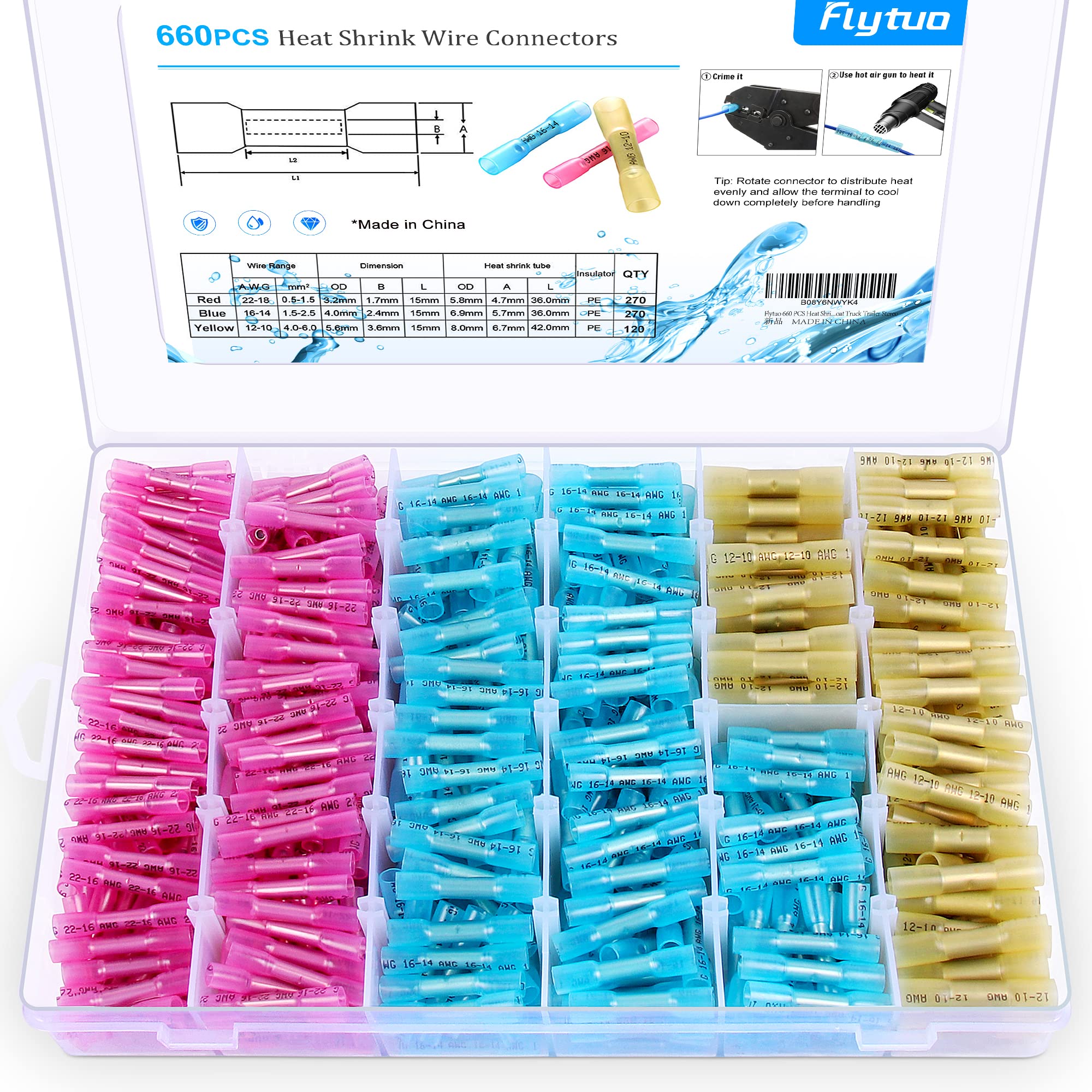 Flytuo 660PCS Heat Shrink Butt Connectors, 3 Sizes Waterproof Electrical Wire Connectors Kit, Insulated Crimp Butt Splice Terminals for Automotive Marine Boat Truck Trailer Stereo Joint(AWG22-10)