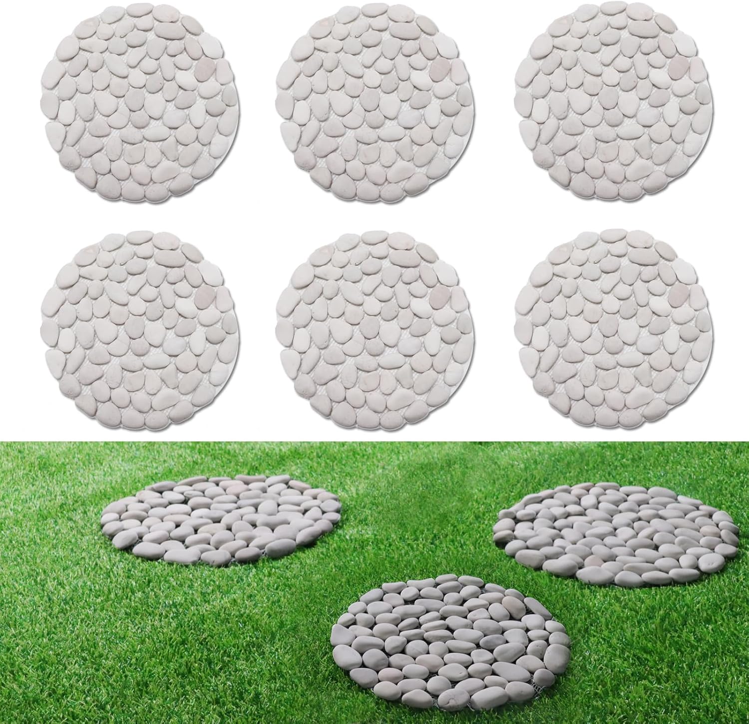 Hardscaping Materials - Lechloris 12 inch River Rock Stepping Stone - Diamater Pavers for Outdoor Garden Walkway, Landscaping - Polished Pebble Step Stones for Patio Yard Lawn Pathway, Set of 6 (Roundness,White)