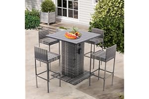 SoarFlash 5 Piece Rattan Patio Bar Set,Wicker Conversation Set Outdoor Furniture Set with Storage Shelf,4 High Stools,Dining Table for Poolside,Garden and Backyard,Grey