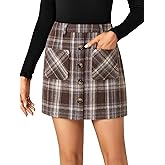 LYANER Women's Fall Winter Plaid Mini Skirt High Waist Button Zipper Bodycon Pencil Short Skirts with Pockets