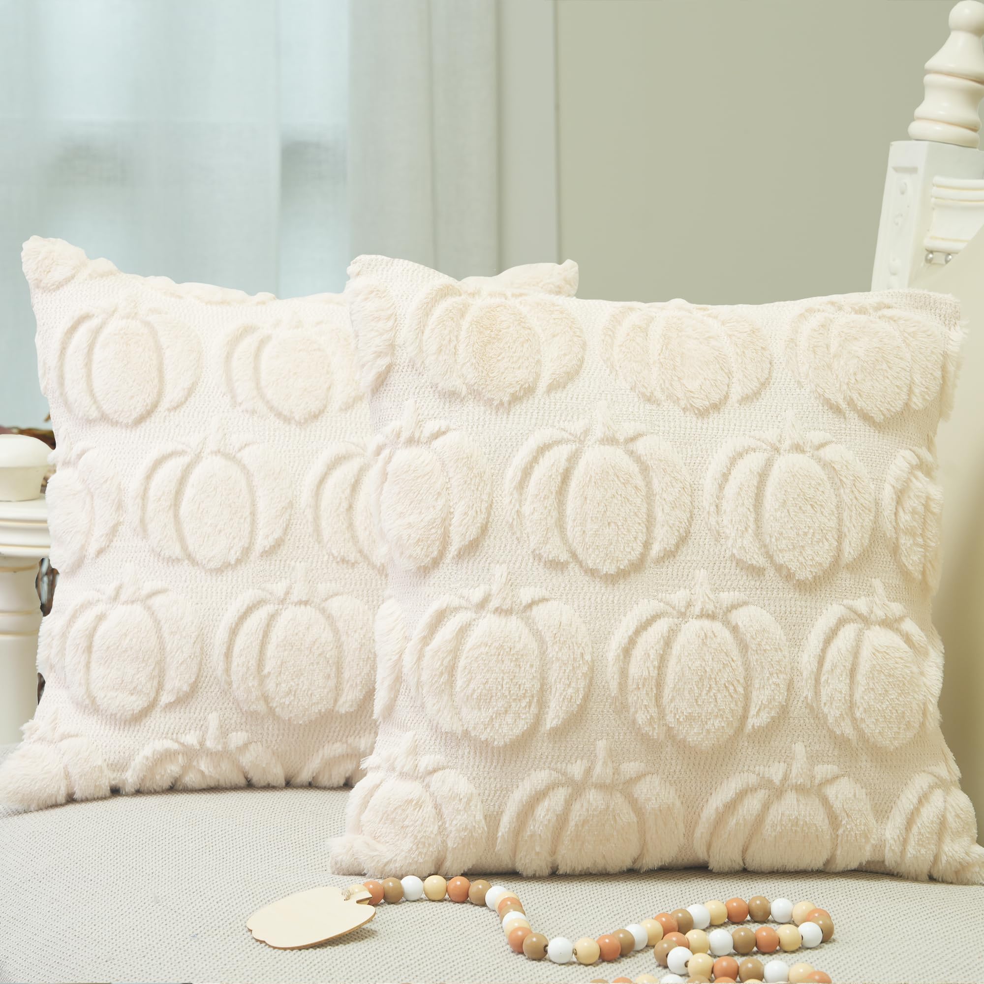 Photo 1 of GEEORY Fall Pumpkins Soft Plush Pillow Covers, 16 x 16 Inch Set of 2, Fluffy Faux Fur Wool Decorative Farmhouse Cushion Case for Sofa Home Decoration Beige Pumpkin GC020-16