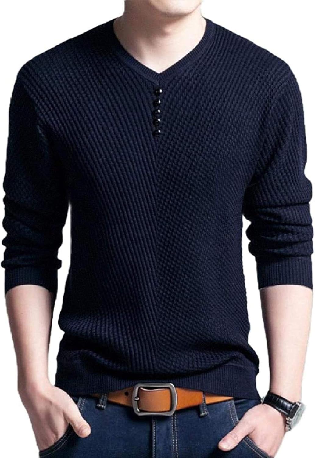 GJHT Men Long Sleeved Stitching VNeck Ribbed Button Down Comfy