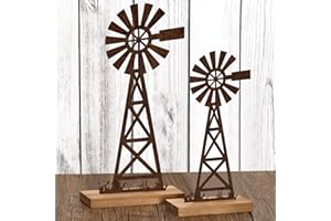 Tandefio 2 Pack Farmhouse Windmill Table Top Decor 9.84'' 11.81'' Metal Rusted Vintage Desk and Shelf Decorative Farmhouse Kitchen Rustic Windmill Rustic Home Decorations