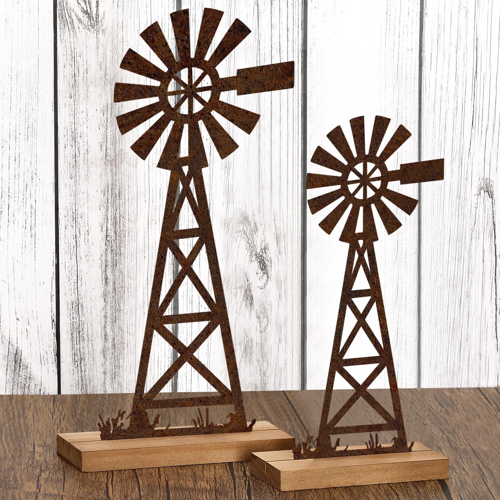 Photo 1 of 2 Pack Farmhouse Windmill Table Top Decor 9.84'' 11.81'' Metal Rusted Vintage Desk and Shelf Decorative Farmhouse Kitchen Rustic Windmill Rustic Home Decorations