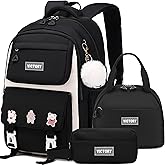 AO ALI VICTORY Backpack for Girls 3 PCS Cute School Backpacks Elementary Kids Book Bag with Lunch Box Pencil Case Set Laptop College Travel Back Pack Large Bookbags for Girl Teens Women Student Black