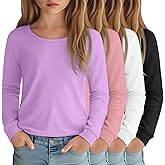 LessonZoo 4 Pack Girls Long Sleeve Shirts Kids Loose Round Neck Casual Toddler Basic Tops Soft Cute Tween Youth Tee