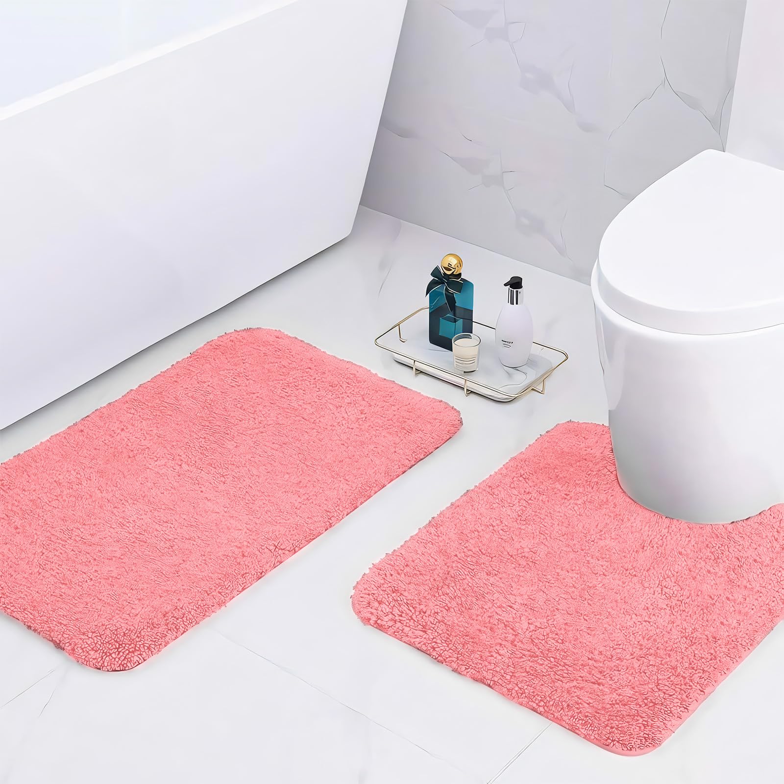 wyewye Microfibre Bath Mats, 2cm Super Thick Bath Rugs, Super Absorbent Bathroom Rugs 50x80cm and 50x50cm U-shape, Pink