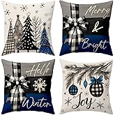 BBOLDIN Christmas Throw Pillow Covers 18x18, Christmas Pine Tree Snowflake Blue Grey Black Pillow Cases Set of 4, Winter Holiday Cushion Covers Decorations for Indoor Sofa Living Room Farmhouse