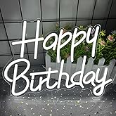 Happy Birthday Neon Signs for Party Decor Dimmable LED Birthday Neon Light for Wall Decor Light Up Happy Birthday Led Signs for Backdrop Birthday Any Ages Bday Celebration Decoration, White