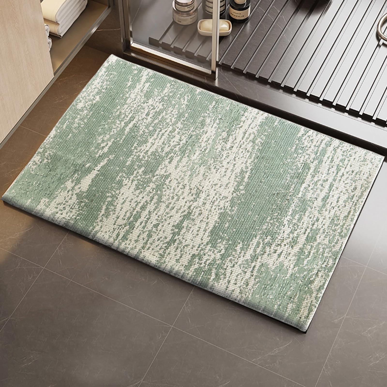 Photo 1 of HDFK Graffiti Bath Mat | Non Slip Water Absorbent Quick Dry Woven Floor Mats | Thin Machine Washable Modern Shower Rug | Low Pile Profile Fit Under Door Vanity Bathroom Rugs | 30x20 Inch Sage Green