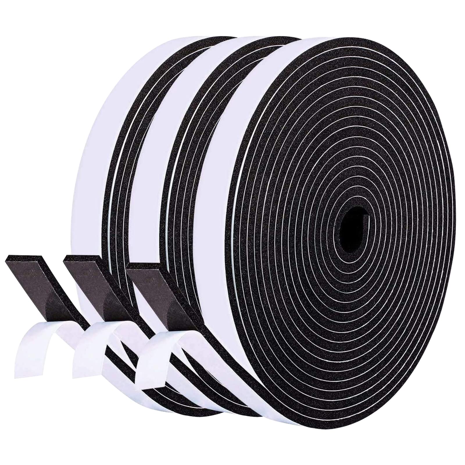 fowong Foam Strip, 3 Rolls 12 mm(W) x 3 mm(T) Total 15M Long, Door Sealing Strip, Self Adhesive Weather Strips, Single Sided Foam Tape for Anti-Collision, Anti Door Slam, Weatherproof, Black