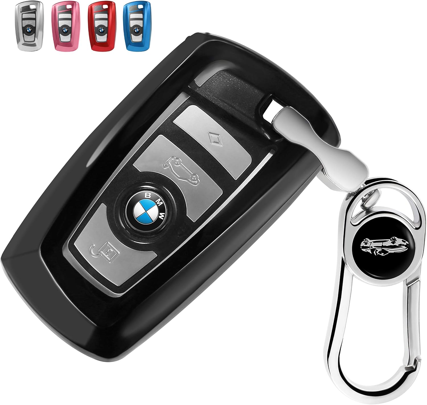 Tpu Silicone Full Protective Car Key Fob Cover for BMW,3 Buttons Remote Control Smart Key Case with Leather Keychain