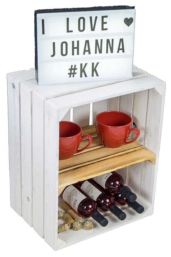 weiße Massive Obstkiste Johanna mit geflammtemZwischenbrett QUER/Zwischenbrettern ca 50x40x30cm Bücherregal/Schuhregalkiste R
