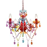 Small Crystal Chandelier, Red Rainbow Tiered 5-Light for Girls Bedroom | Red tiered frame with multicolor acrylic drops; compact 5-light chandelier; 39.4 in adjustable chain; 5 E12 bulbs required