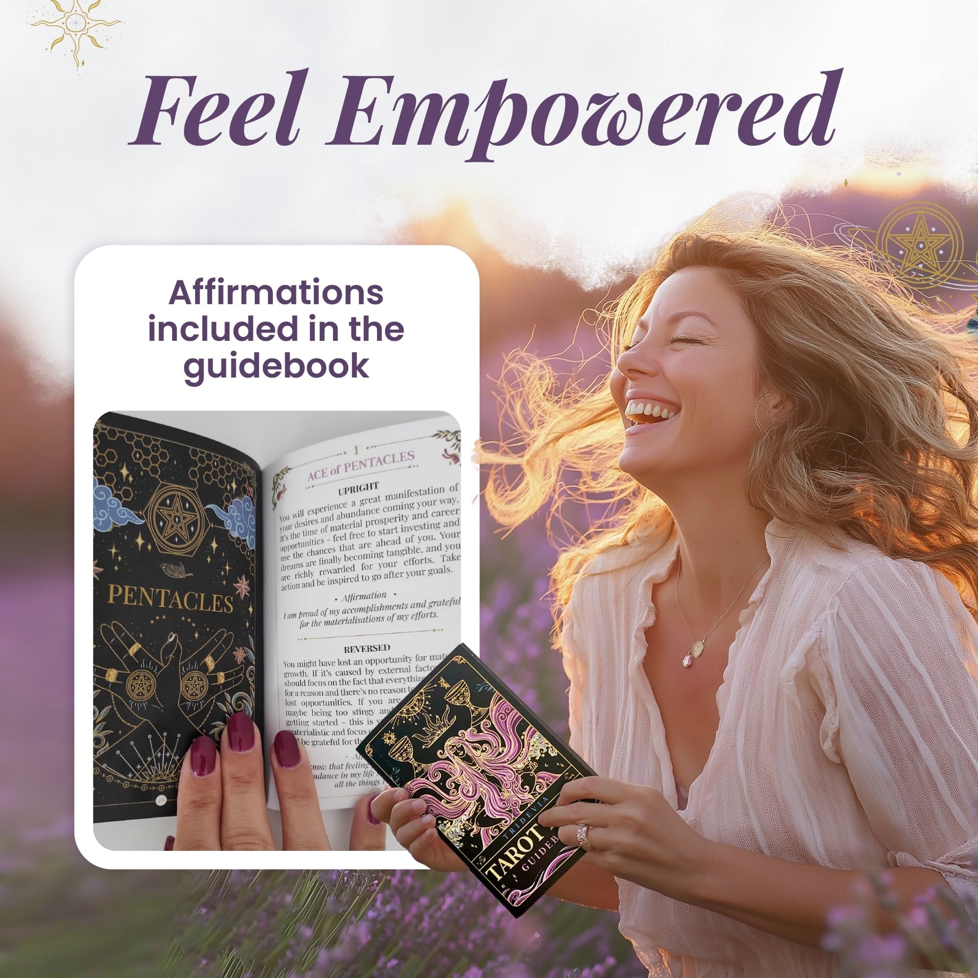 Calmoura Tridevia Tarot Cards with Guide Book (78 Cards) — Rider-Waite Inspired Tarot Deck with Meanings for Beginners and Experts — Intricate Golden Details and Luxurious Gilded Edges