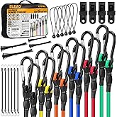 Carabiner Bungee Cords with Hooks, 28-Piece Heavy Duty Outdoor Assortment Includes 10", 18", 24", 36", 48", 60", 72" Bungee Cords, Canopy Tarp Ball Ties, Nylon Cable Ties and Tarp Clips