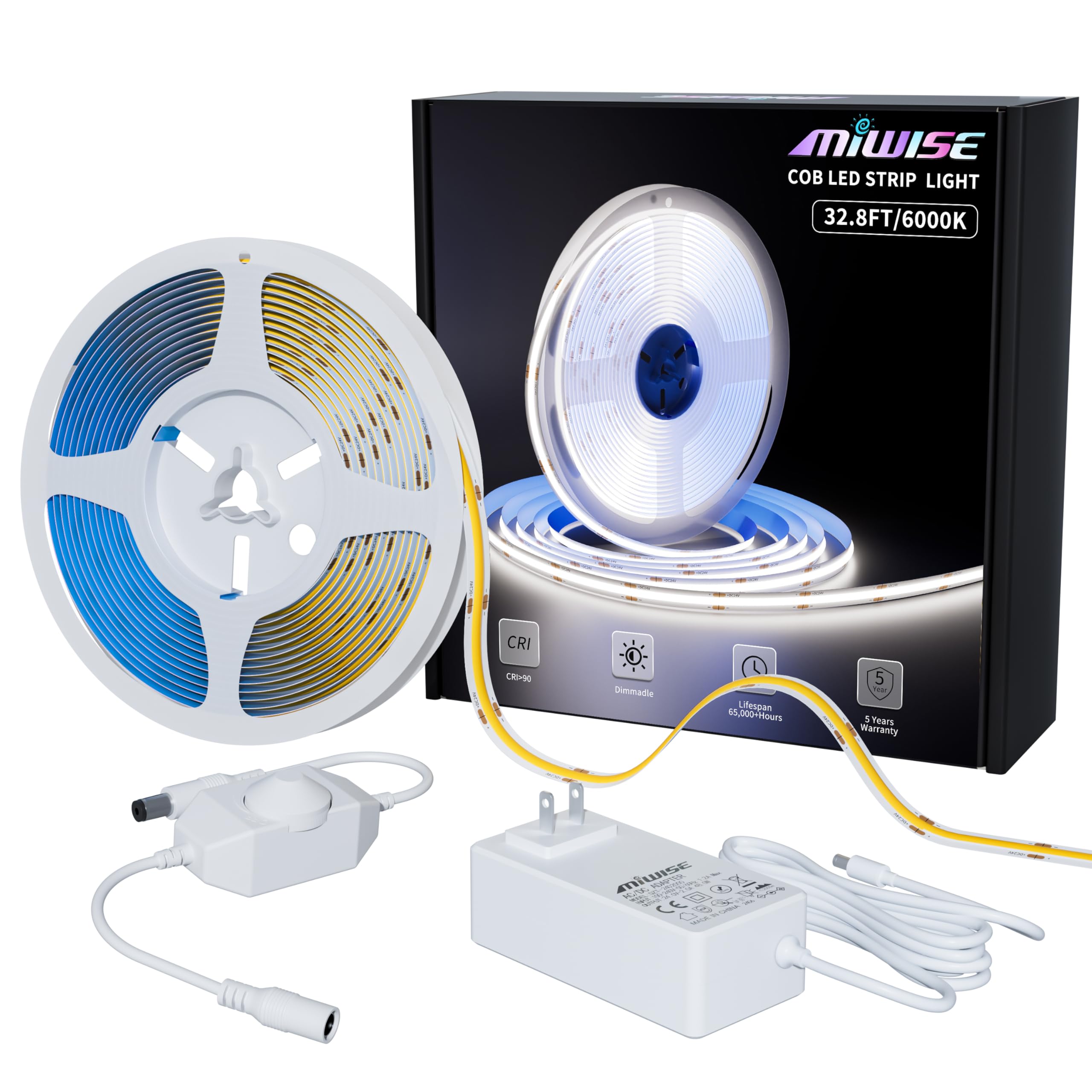 Photo 1 of MIWISE COB LED Strip Light 32.8ft/10m,CRI 90+ Daylight White 6000K High Lumen Dimmable Super Bright Flexible DC24V LED Tape Light with Controller/Dimmer,for Cabinet Home Office DIY Lighting Projects
