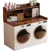 Unionly 2-Tier Wooden Washer and Dryer Countertop with Clothes Rail | Laundry Topper with Edge and Non-Slip Pad for Washer and Dryer Laundry Hamper Counter Storage Organization