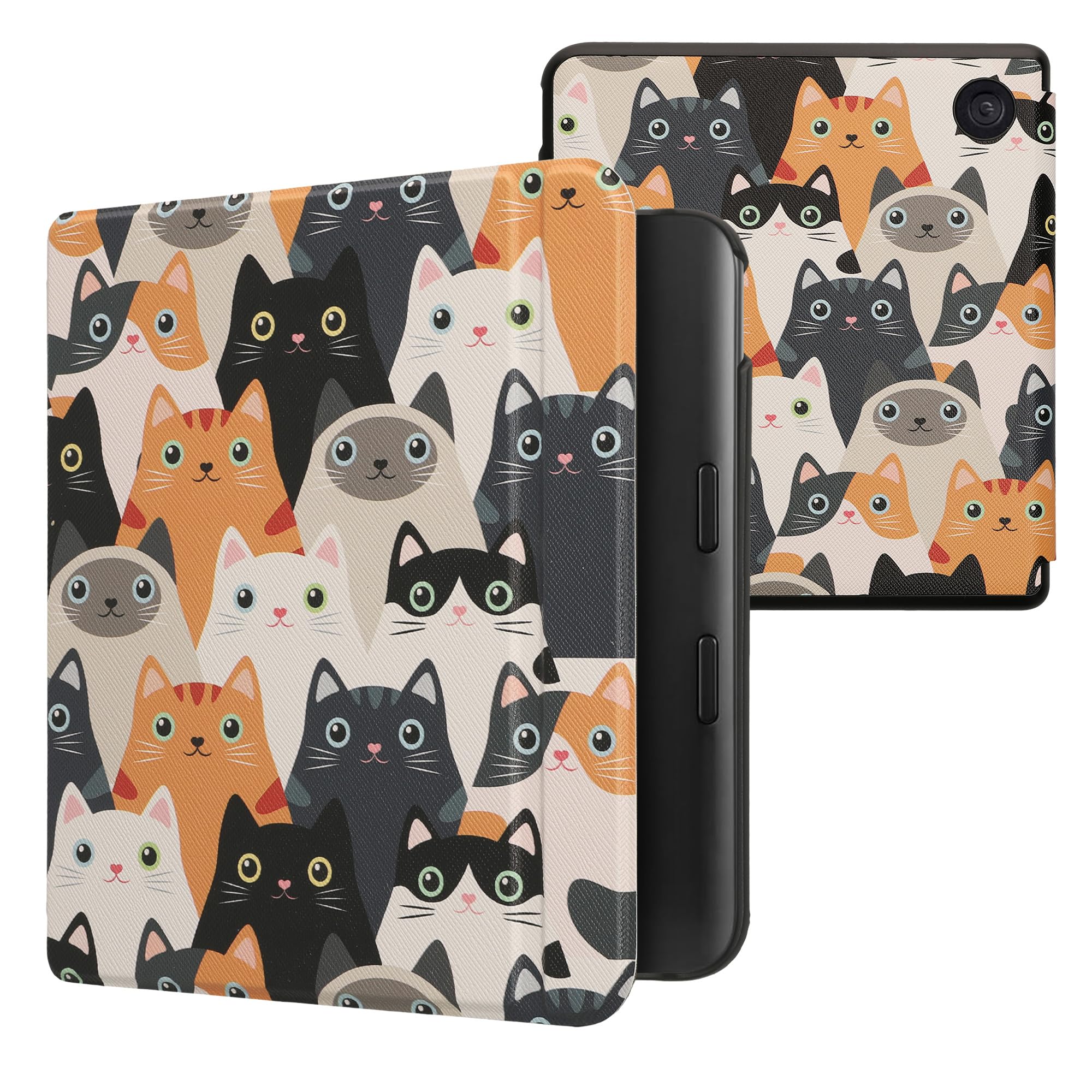 kwmobile Cover for Kobo Libra Colour Case - eReader Cover with auto sleep funktion - Cats with Orange/Black/White