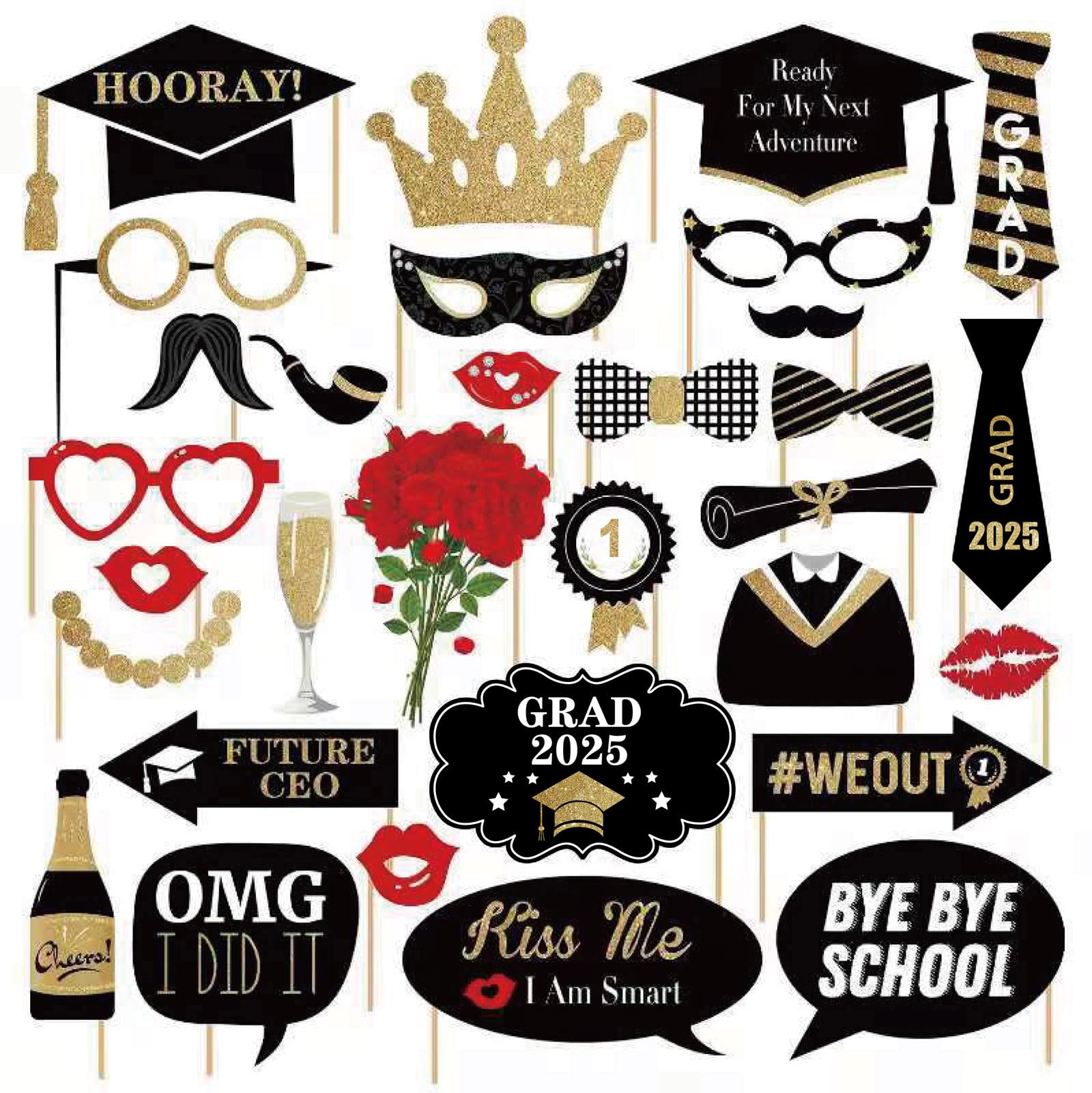 SWSATYW 31PCS Black Class Of 2025 Graduation Grad 2025 Party Supplies Photo Booth Props Decorations