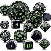 AUSTOR 15 Pieces Complete Polyhedral Dice Set D3-D100 Game Dice Set with a Leather Drawstring Storage Bag for Role Playing Table Games(Black & Green)