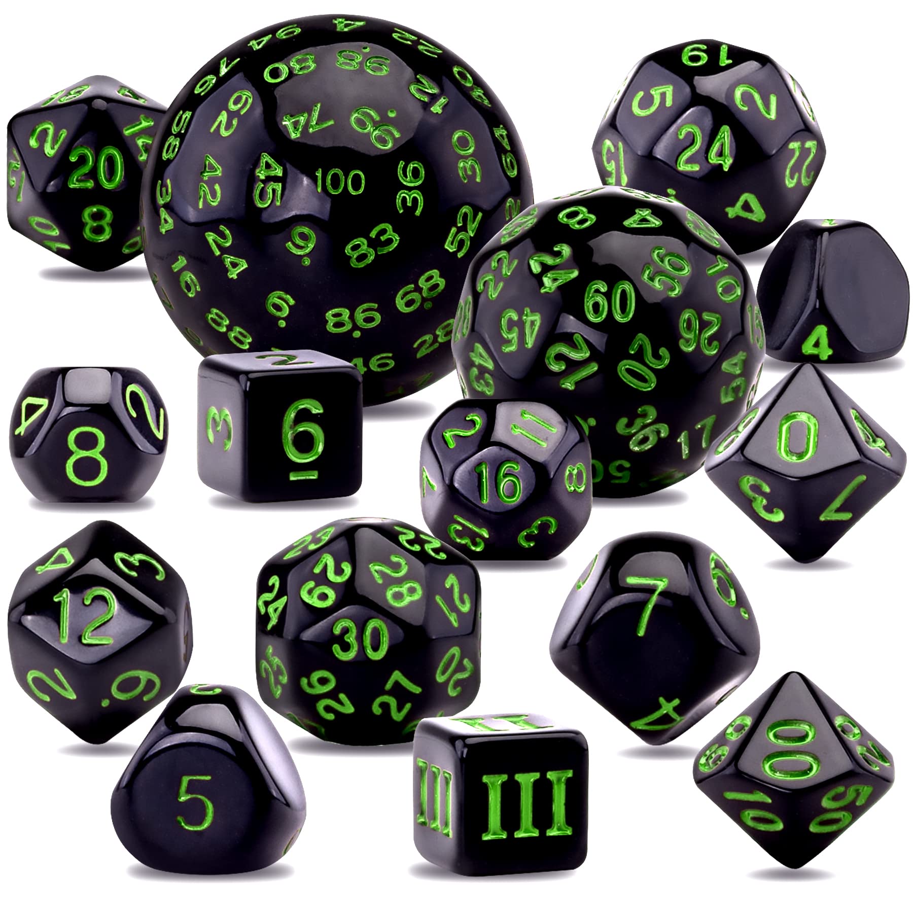 SIQUK 15 Pieces Complete Polyhedral Dice Set D3-D100 Game Dice Set with a Leather Drawstring Storage Bag for Role Playing Table Games, Black and Green