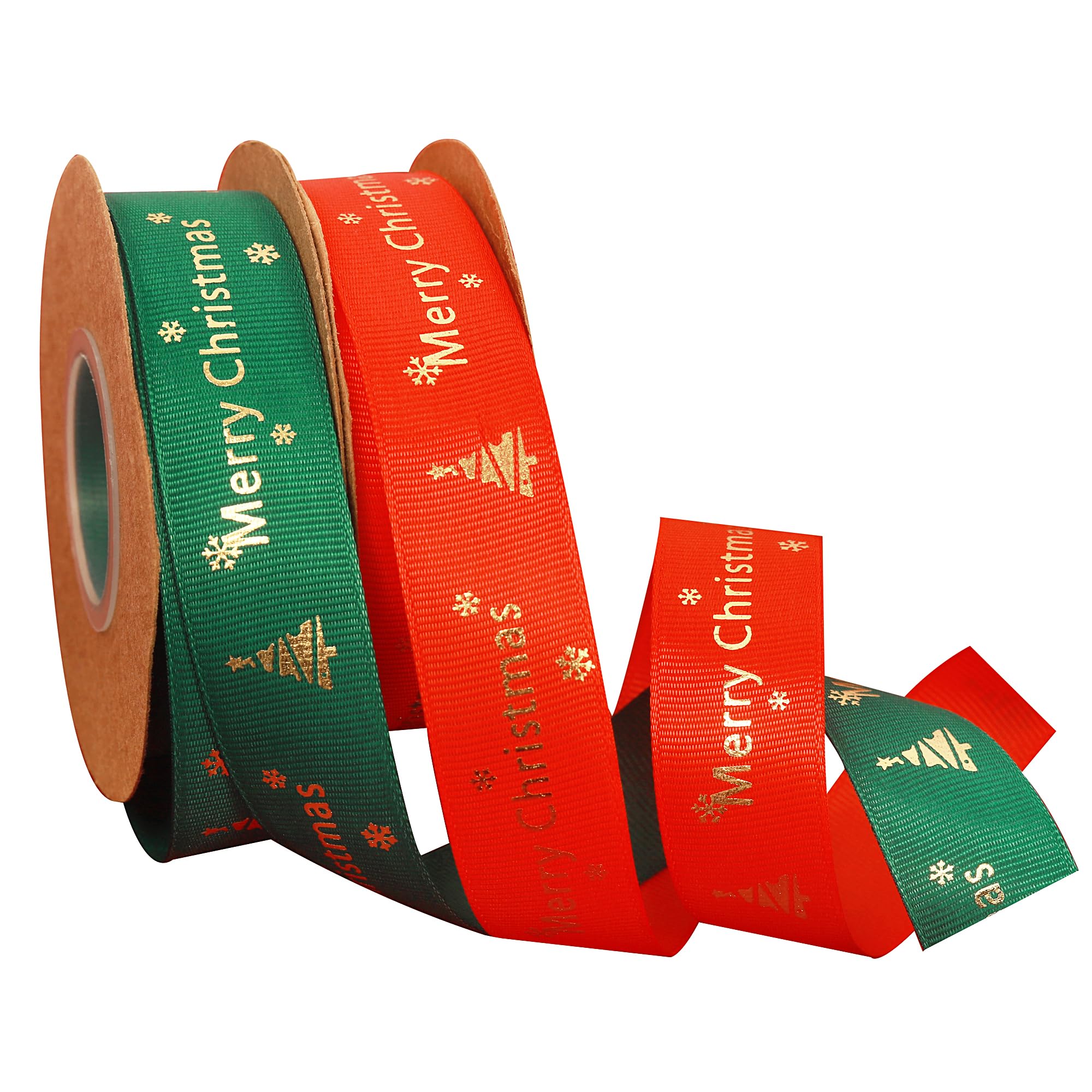 2 Rolls x 22m Red and Green Christmas Ribbon for Gift Wrapping Satin Ribbons 25mm Wide, Thick Christmas Red and Green Ribbon for Gift Wrapping Xmas Crafts Cake Present Decorations 1 inch