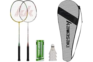 VICLEO Badminton Rackets Set of 2 for Training, Sport, Including 2 Kawasaki Badminton Racket, 3 Badminton Birdies Feather,1 Badminton Bag Large (Yellow Green/White Red)