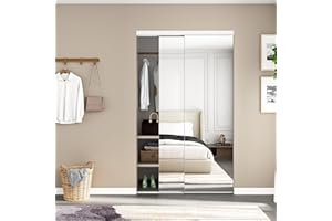 JUBEST Mirror Closet Doors, 48''x80'' One Side Mirror Sliding Closet Door with Hardware Kit, Interior Steel Frame Bypass Sliding Door for Bedroom, Easy to Install