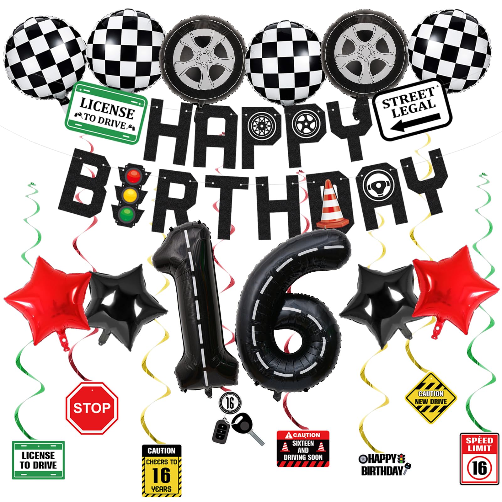 Driver License 16th Birthday Decorations for Boys Girls Race Car Balloons Tire Balloon Racetrack Number 16 Balloon Checkered Balloons,Driver Driving Racing Car Themed Party Decorations Birthday Decor
