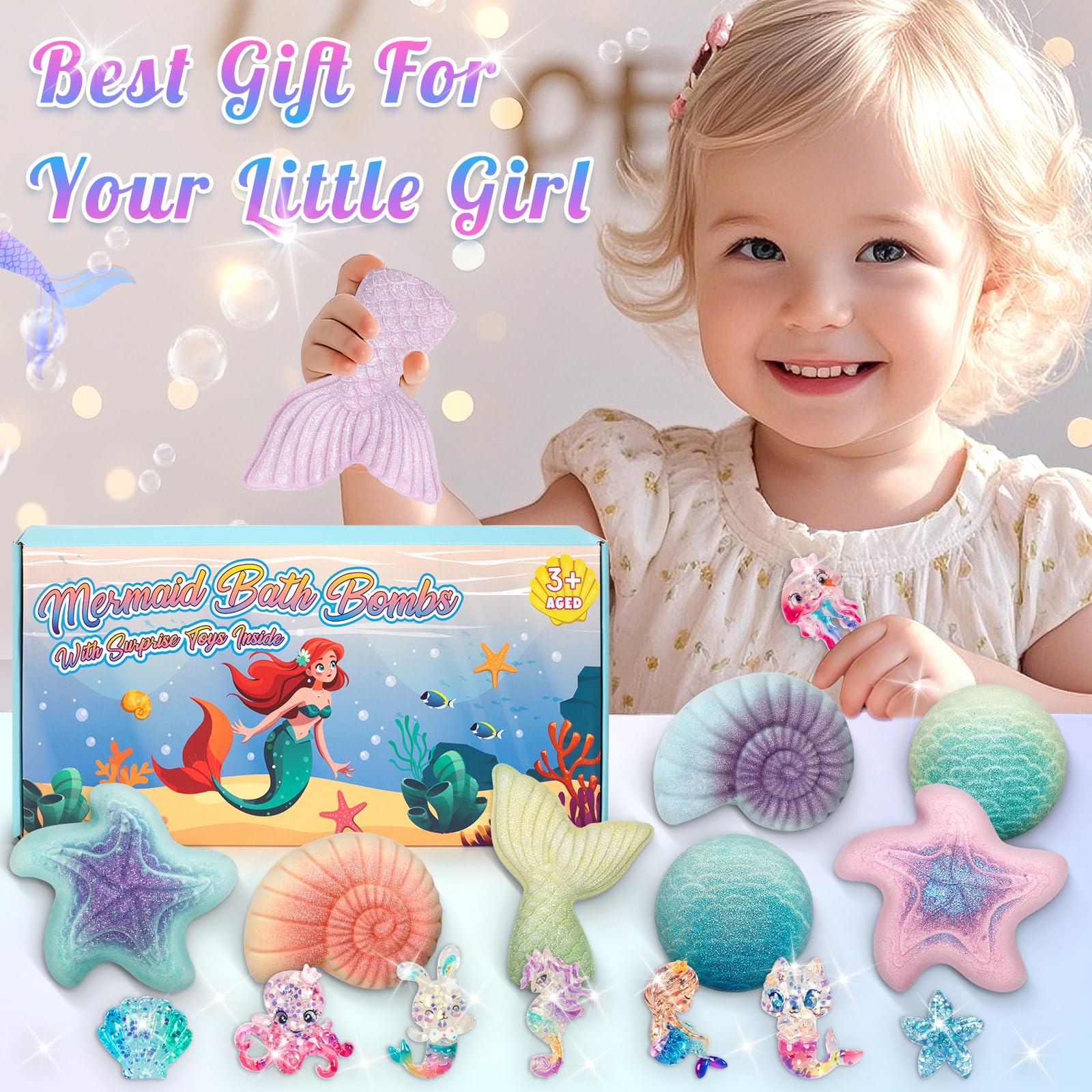 Mermaid Bath Bombs for Kids with Surprise Toys Inside, 8 Pcs Organic Natural Bubble Bath Bombs for Girls,Christmas Birthday Gift for 3 4 5 6 7 8 Year Old Girl,Princess Bath Bomb Kit with Mermaid Toys