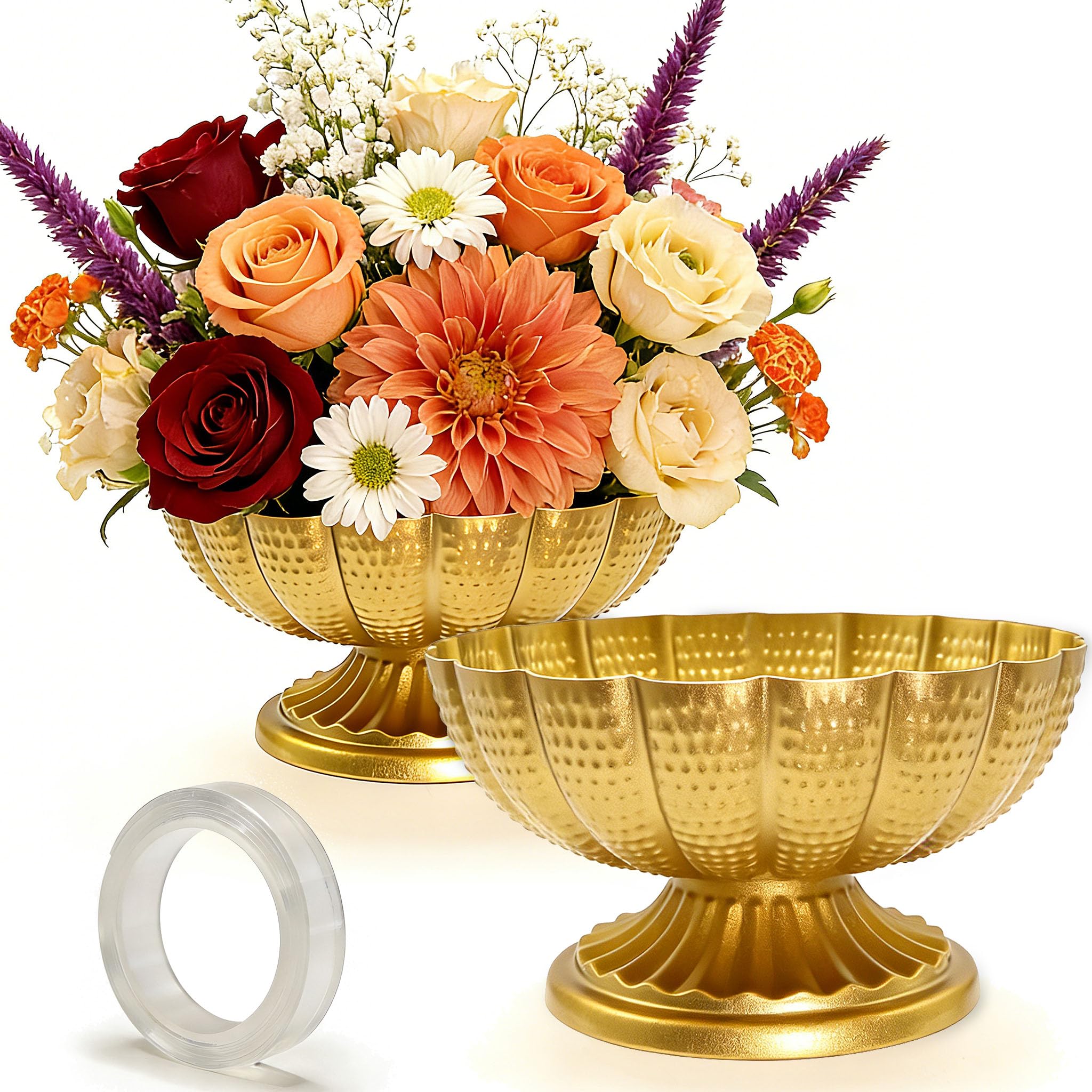 Photo 1 of 2 Pcs Gold Compote Bowl Vases for Centerpieces, 7" Wide Distressed Metal Pedestal Vases for Wedding Table Decor, Small Vintage Urn Vase for Party Supplies, Home, Easter, Anniversary & Event Decor