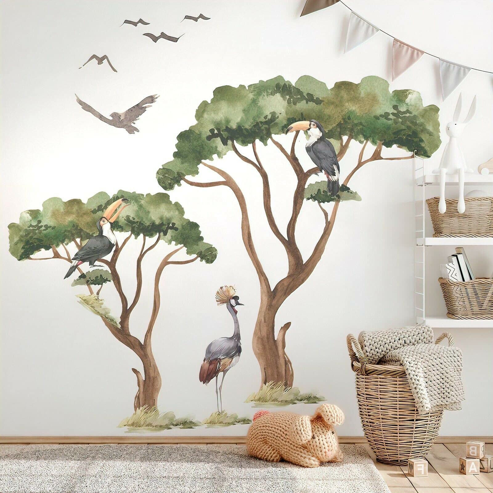 BelleImpression - Savanna Tree & Animals Wall Decal (200cm W x 160cm H) Set Removeable Watercolour Stickers Perfect for Nursery or Bedroom Decoration. Suitable for Kids, Toddler or Children.