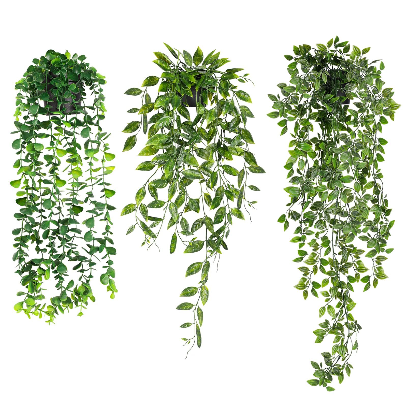 WXBOOM 3 Pack Artificial Hanging Plants Fake Potted Greenery Eucalyptus,Faux Mandala Vine in Pot for Home Room Indoor Outdoor Shelf Decor
