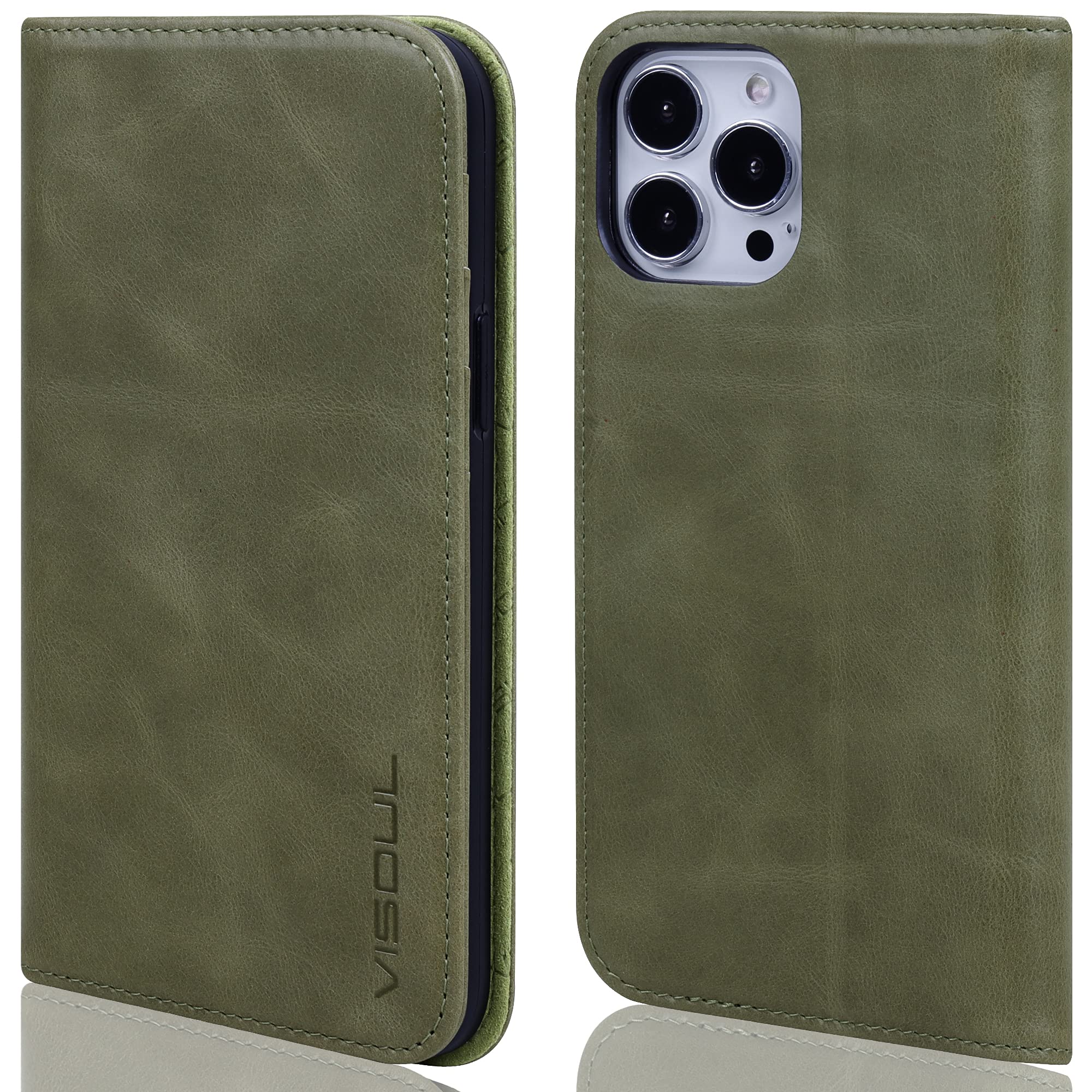 VISOUL Wallet Case Compatible for iPhone 13 Pro Max 6.7" 2021 Genuine Leather Folio Case, RFID Blocking, Magnetic, 3 Credit Card Slots, Kickstand, Shock Absorbin-Coffee