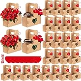 Moonld 24 Pcs Valentines Day 2Cup Carrier with Handle Paper Flower Bouquet Gift Bags Disposable Drink Carrier Kraft Drink Carrier with Handles for Valentine's Day Gifts Birthday Party Favors
