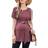 Ekouaer Maternity Tops Short Sleeve Pregnancy Shirts Tee Tunic Casual T Shirt Ribbed Knit Pregnant Clothes Wine-Red Medium