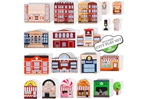 ZANY TRAINS 20 Pc Wooden City Play Set - Wooden Town Buildings and Street Signs for Play Mats, Toy Cars and Trains - Educational Preschool Track Accessories - Community Helpers Stacking Blocks Learning Toddler